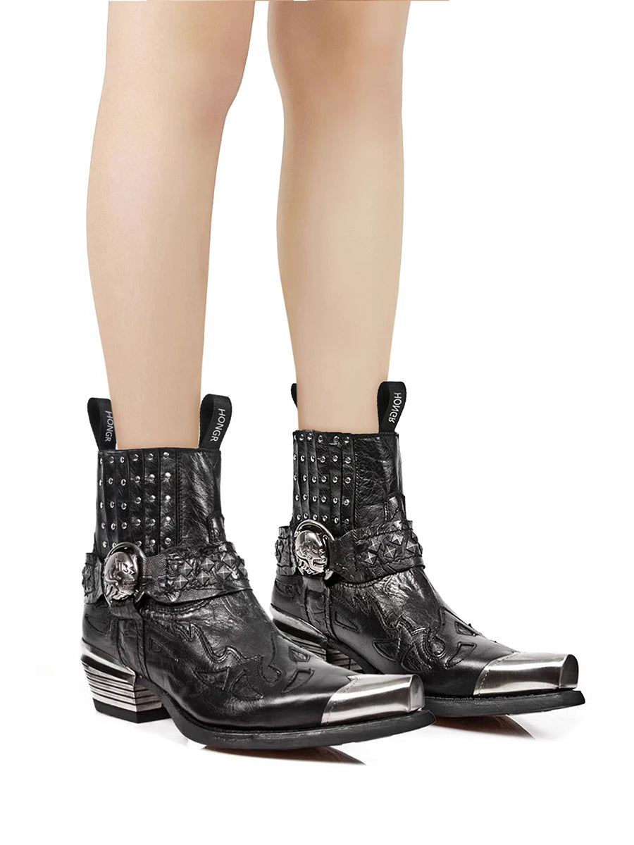 Women's Punk Chelsea Boots – Metallic Rivet Pointed Toe Heel Chelsea Boots Axl