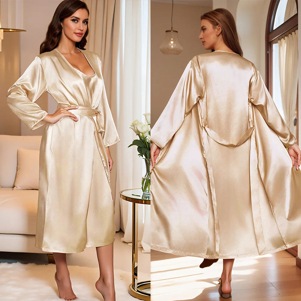 Women's 2-Piece Kimono Robe & Halter Nightgown Set Kimono Robe Set Axl champagne XL