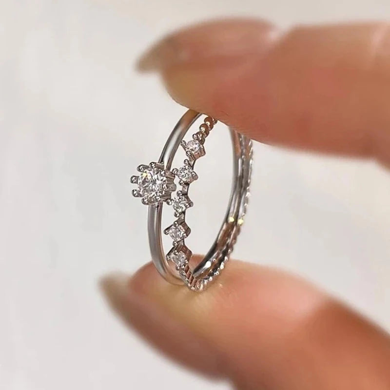 Huitan 2-Piece Stackable Silver CZ Thin Rings Set for Women Stackable Ring Set Axl