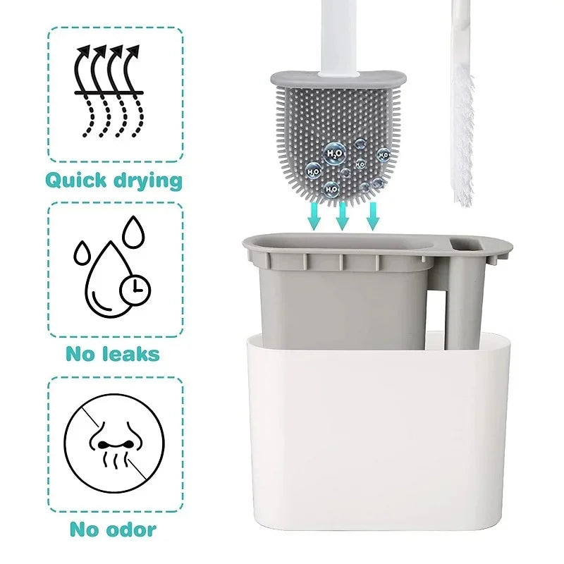 Wall Mount Silicone Toilet Brush & Holder – Long Handle Toilet Brush Set Axl