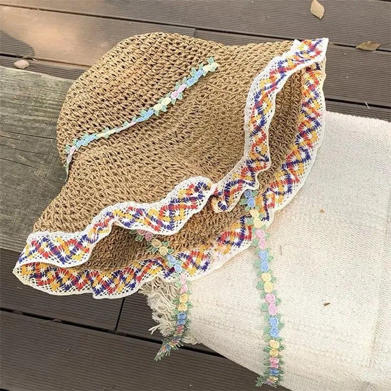 Women's Large Brim Straw Hat – Floral Bow Summer Beach Hat Wide Brim Straw Hat Axl A2