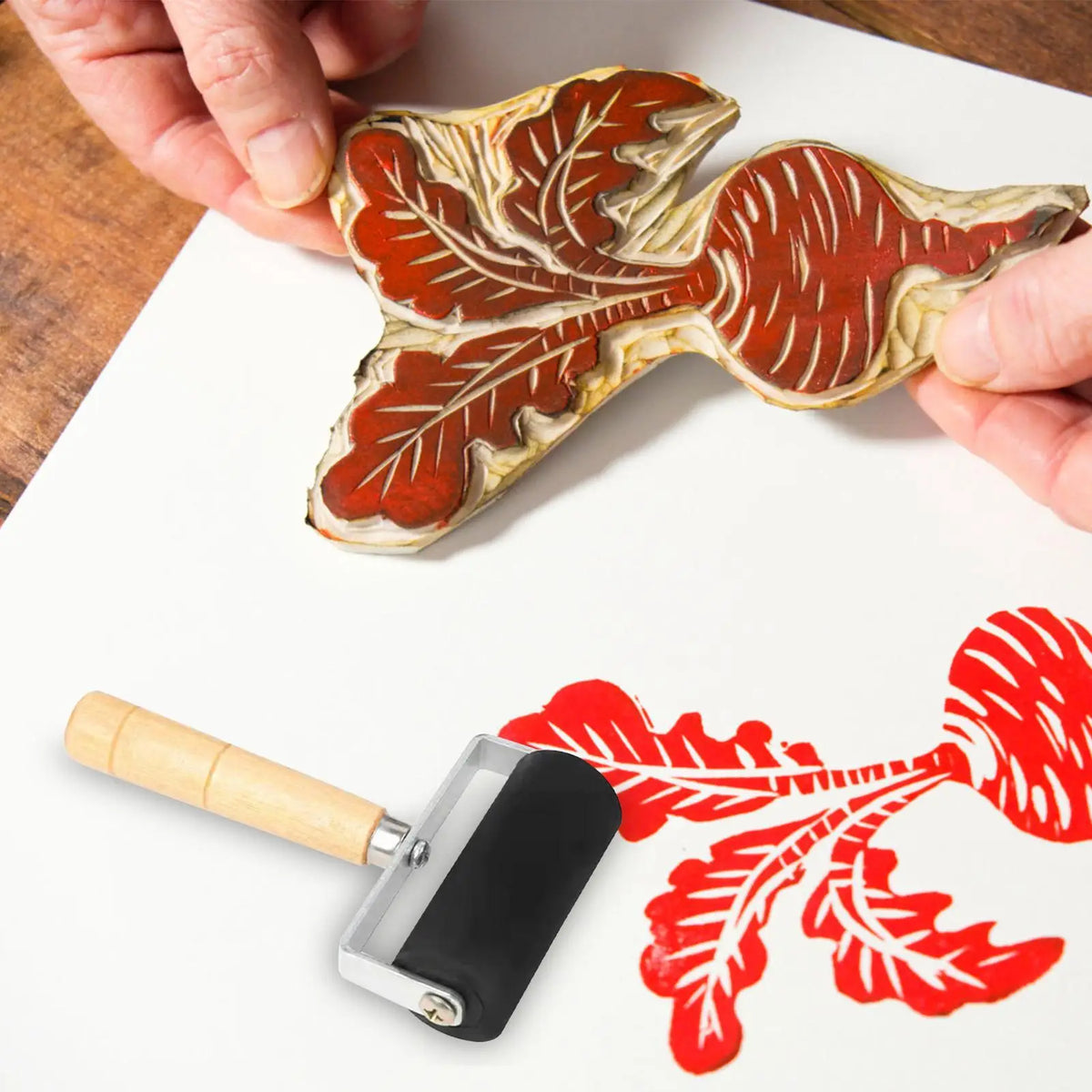 Rubber Ink Roller with Wooden Handle – Art Printing & Stamping Printmaking Roller Axl