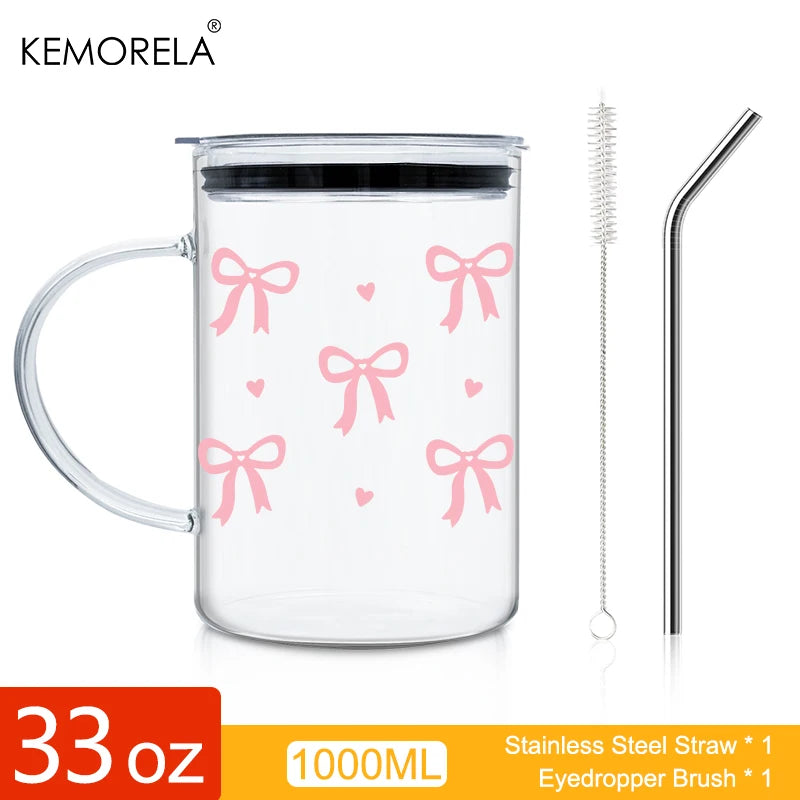 KEMORELA 1000ml Bow-Knot Glass Cup with Lid & Straw | Borosilicate Glass Tumbler Axl A 1000ML