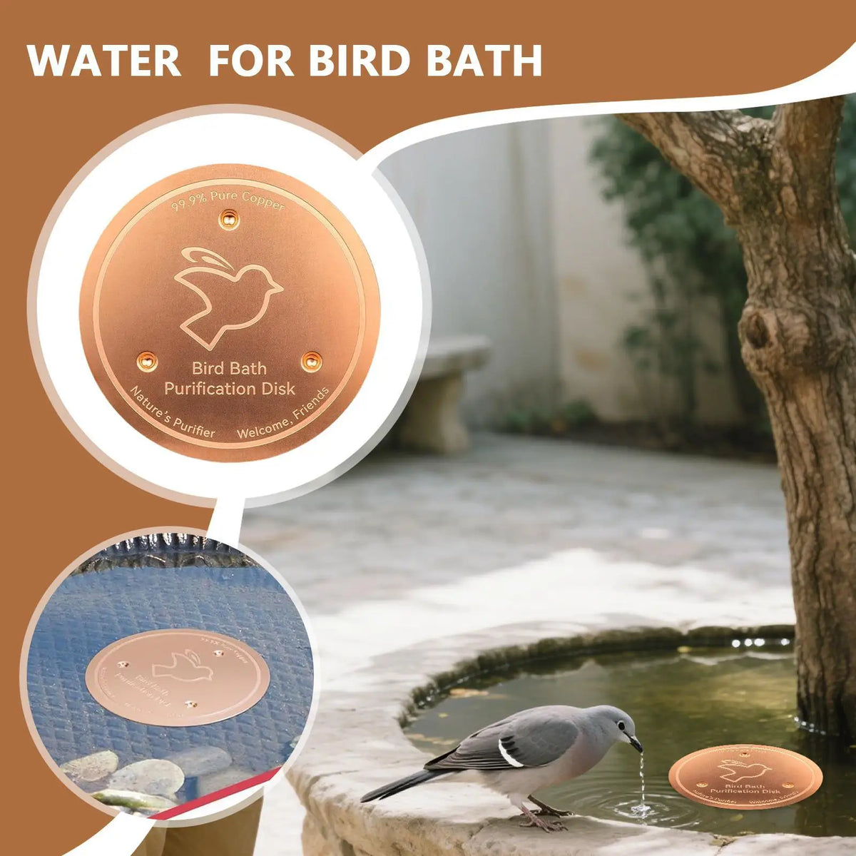 Copper Bird Bath Disk – Outdoor Triple-Point Support Water Bowl Bird Bath Dish Axl