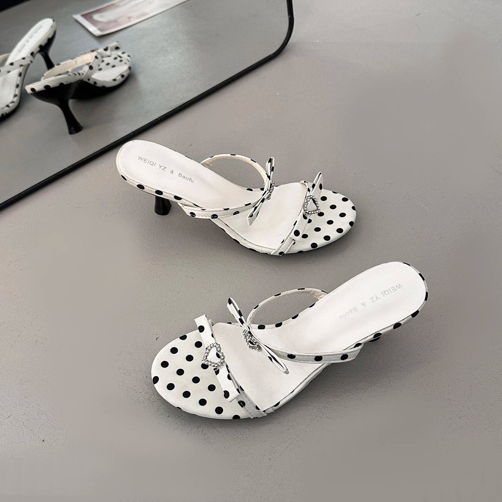 Rhinestone Kitten Heel Slippers – Polka Dot Women's Slides Kitten Heel Slippers Axl White Polka Dot 37