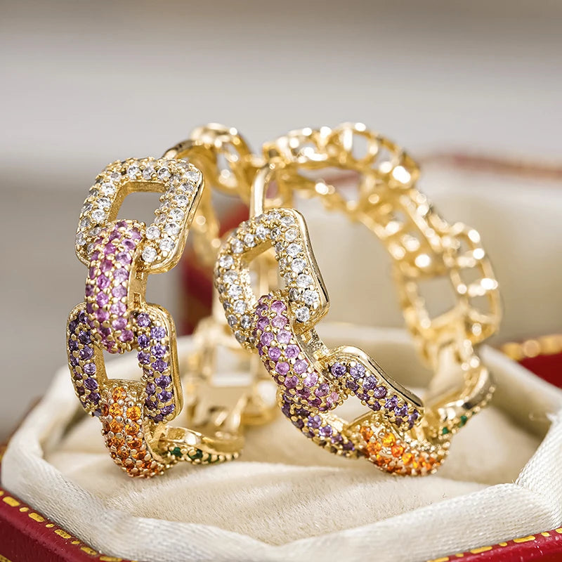Huitan Sparkling CZ Hoop Earrings – Gold Chain Linked Hoops CZ Hoop Earrings Axl