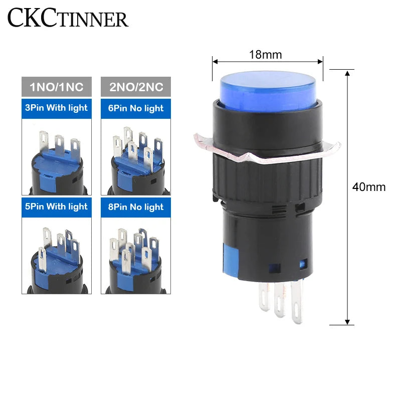 LA16 16mm Illuminated Push Button Switch 12V 24V 220V 5A Push Button Switch Axl round-blue 2NC2NO No light|Self-locking