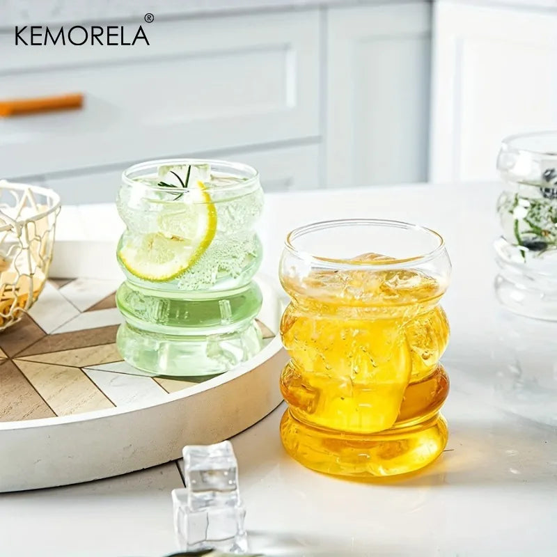 KEMORELA 380ml Ripple Vintage Glass Cups with Straws | Borosilicate Glass Drinkware Set Axl