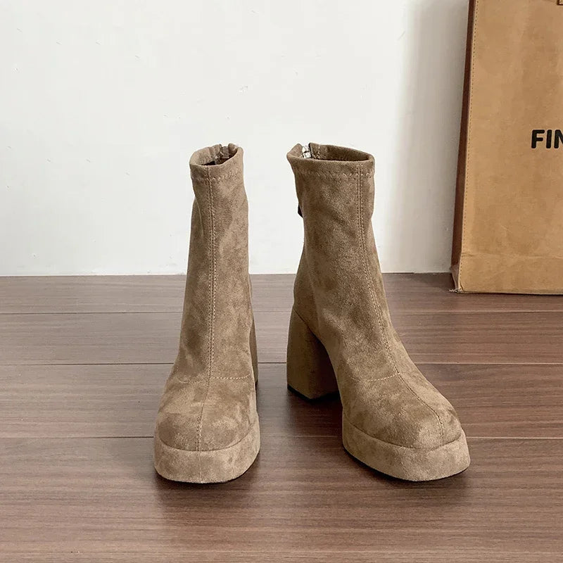 Women's Square Heel Ankle Boots – Warm Winter Short Booties Ankle Boots Axl Milk tea 38