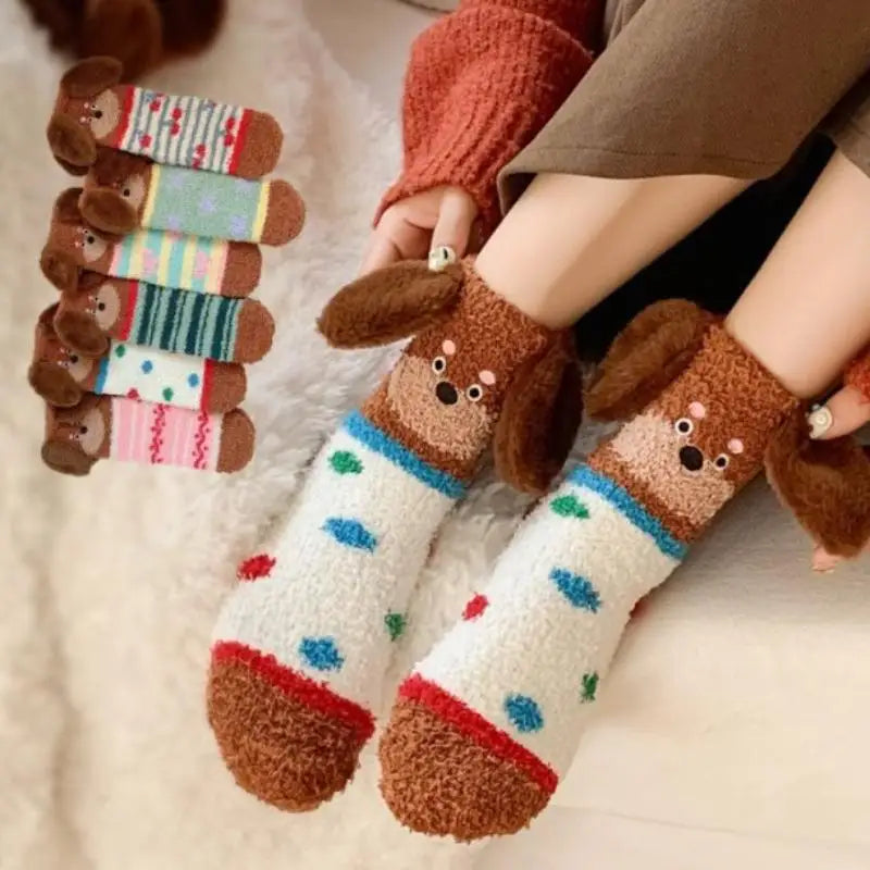 Women's Fluffy Coral Fleece Socks – 3D Dog Ear Cartoon Design Novelty Fluffy Socks Axl