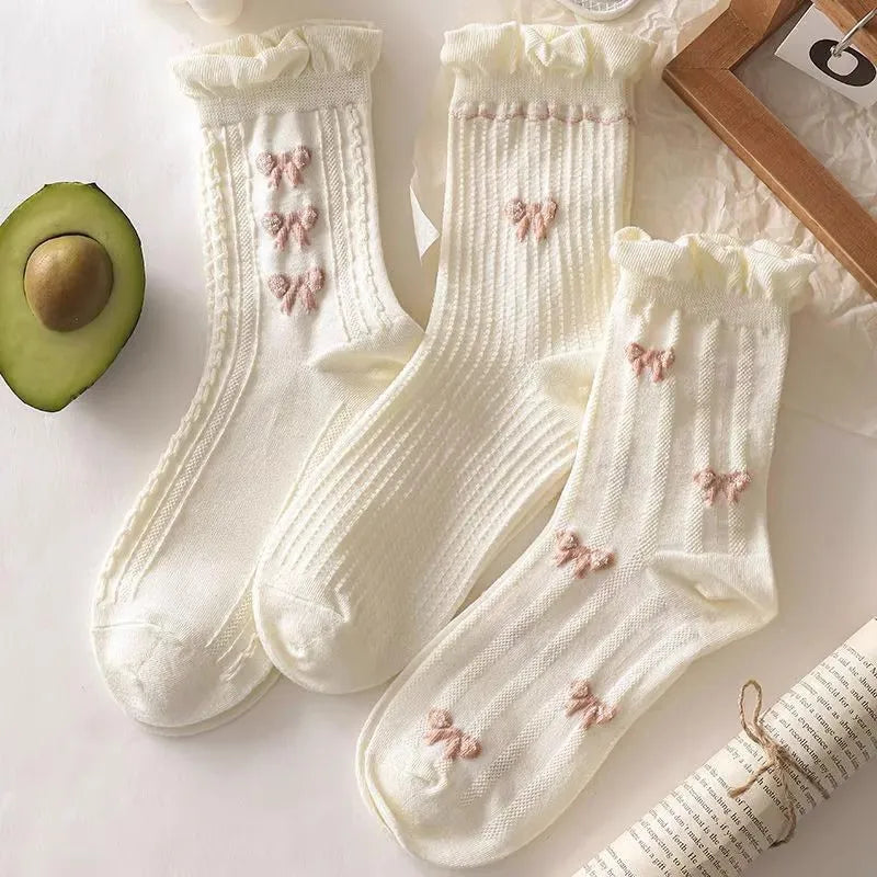 5 Pairs Women's Lolita Mid Tube Socks – Bow & Flower Pattern Women's Fashion Socks Axl