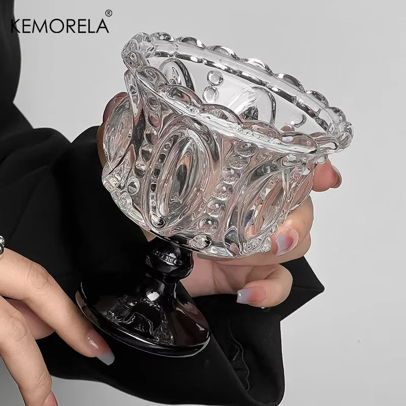 KEMORELA Retro Embossed Black Crystal Goblet | Whiskey & Dessert Glass Cocktail Goblet Glass Axl