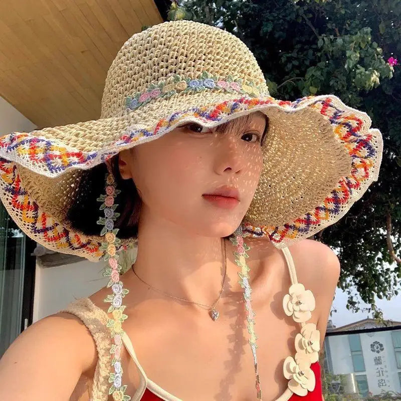 Women's Large Brim Straw Hat – Floral Bow Summer Beach Hat Wide Brim Straw Hat Axl A1