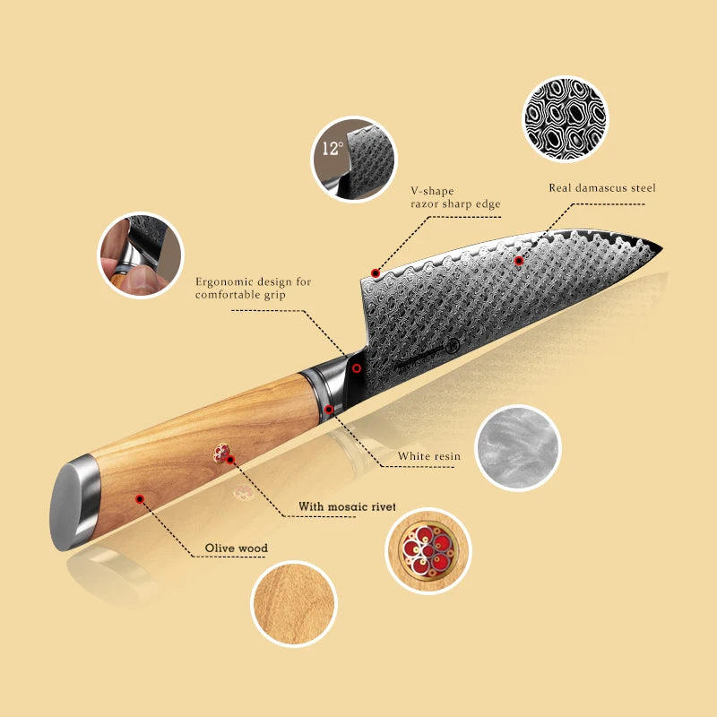 7-Piece Damascus Chef Knife Set – Japanese AUS-10 Olive Wood Kitchen Knife Set Axl