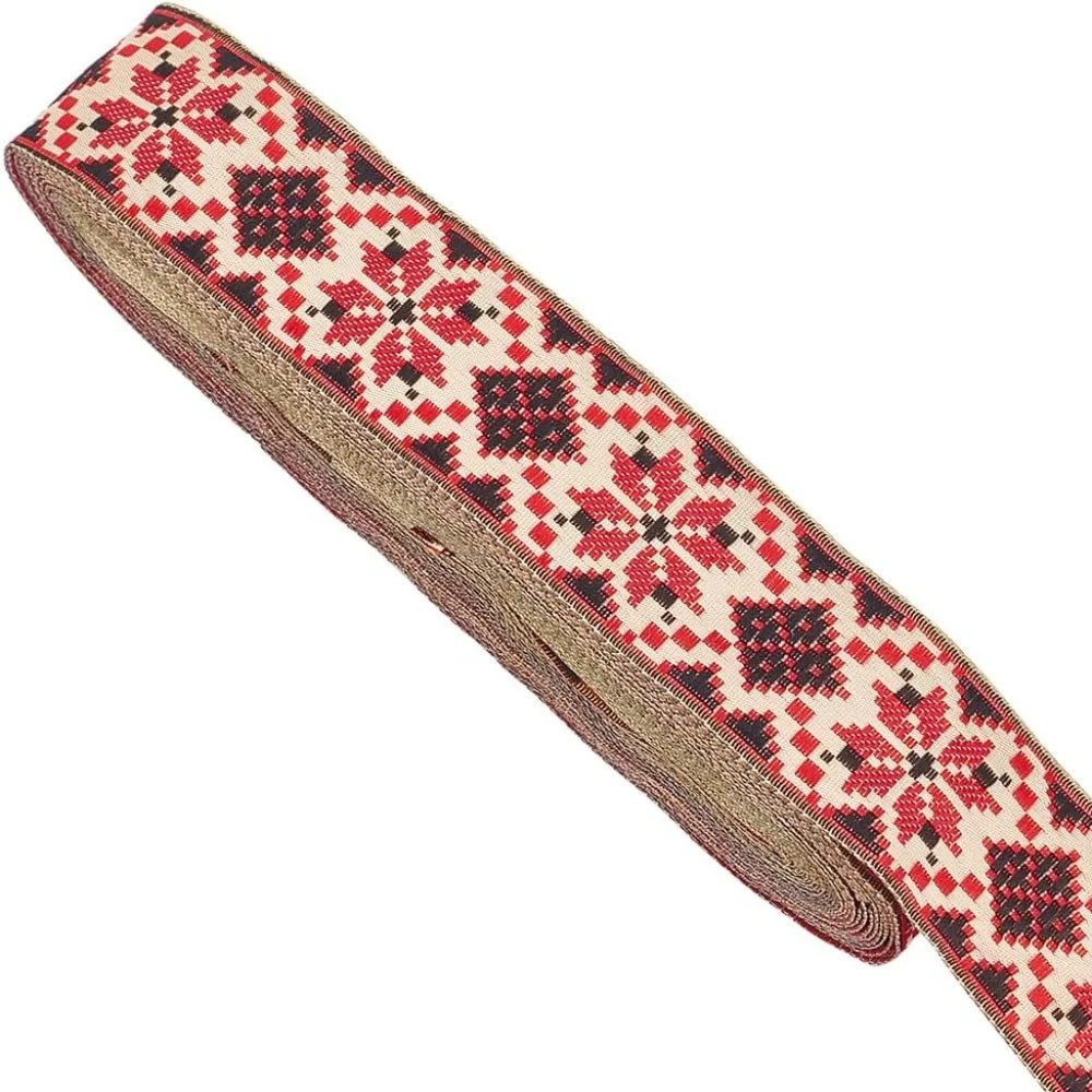 Ethnic Jacquard Tyrolean Ribbon Red Floral 32mm – 10 Yards Craft Ribbon Trim Axl AECH04-18208