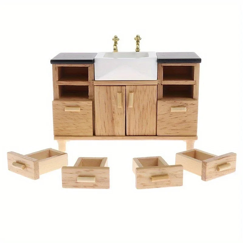 1/12 Dollhouse Wooden Wash Basin Cabinet & Ceramic Sink Dollhouse Miniature Axl