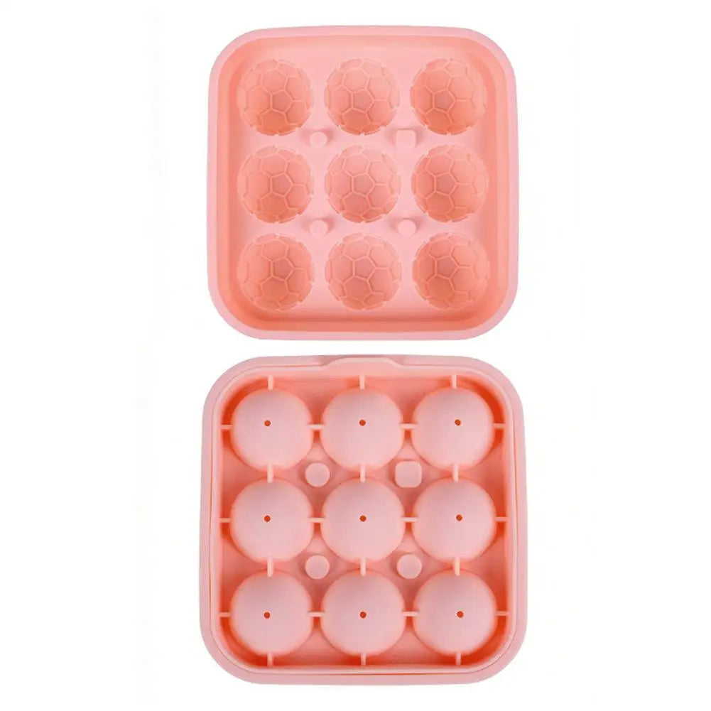 3D Soccer Ball Ice Cube Tray – 9-Grid Silicone Mold with Lid Silicone Ice Mold Axl Pink