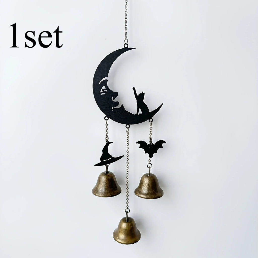 Gothic Moon Cat Metal Wind Chime – Halloween Bat & Witch Hat Metal Wind Chime Axl Black Moon Cat Bell