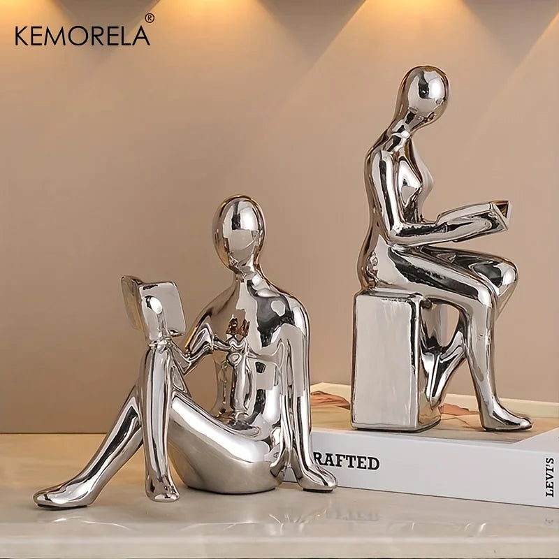 KEMORELA Ceramic Reading Figure Statues Set of 2 | Home Decor Decorative Figurine Set Axl