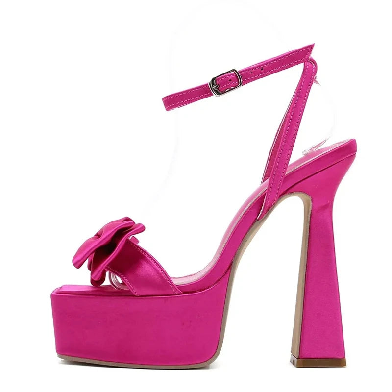 Women's Satin Bowknot Platform High Heel Sandals | Square Toe Platform Heeled Sandals Axl
