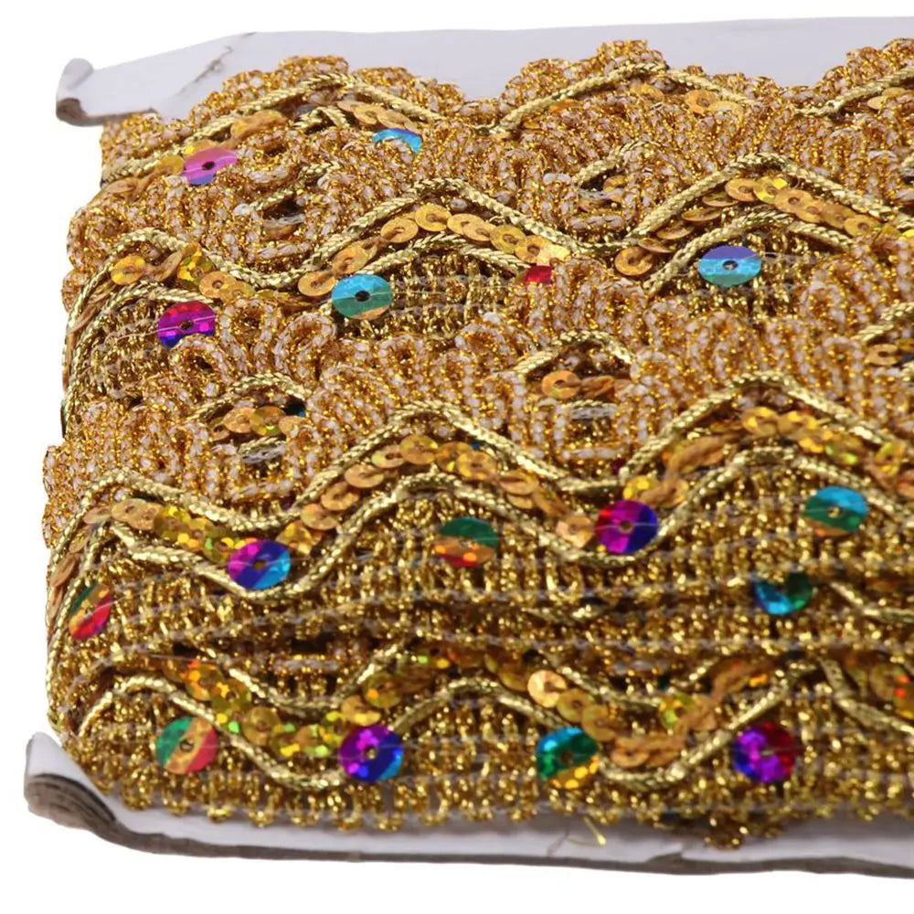 Sequined Gold Lace Trim Ribbon 9M – Beaded Craft Sewing Lace Trim Ribbon Axl