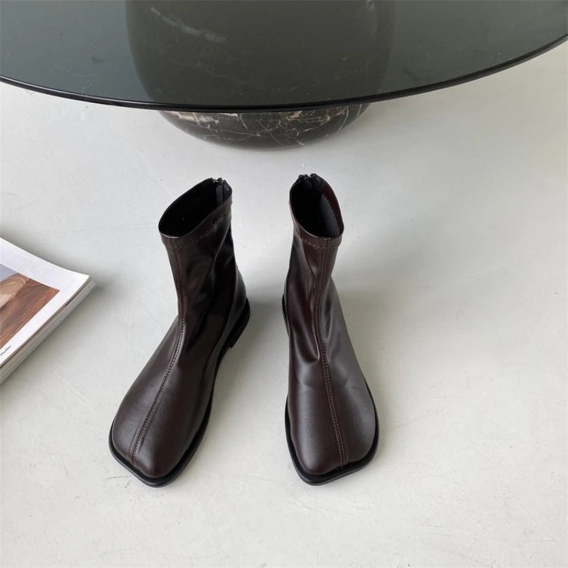 Women's PU Leather Ankle Boots – Square Heel Side Zip Women's Ankle Boots Axl Brown 35