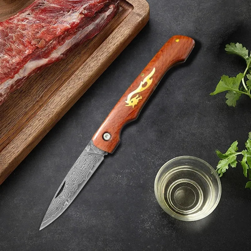 InLeung Damascus Steel Folding Knife – Sharp Wood Handle Folding Kitchen Knife Axl