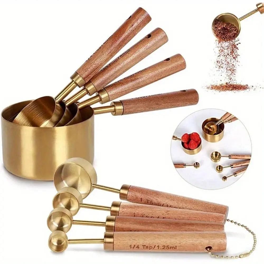 Wooden Handle Stainless Steel Measuring Cups & Spoons Set Measuring Cups & Spoons Axl