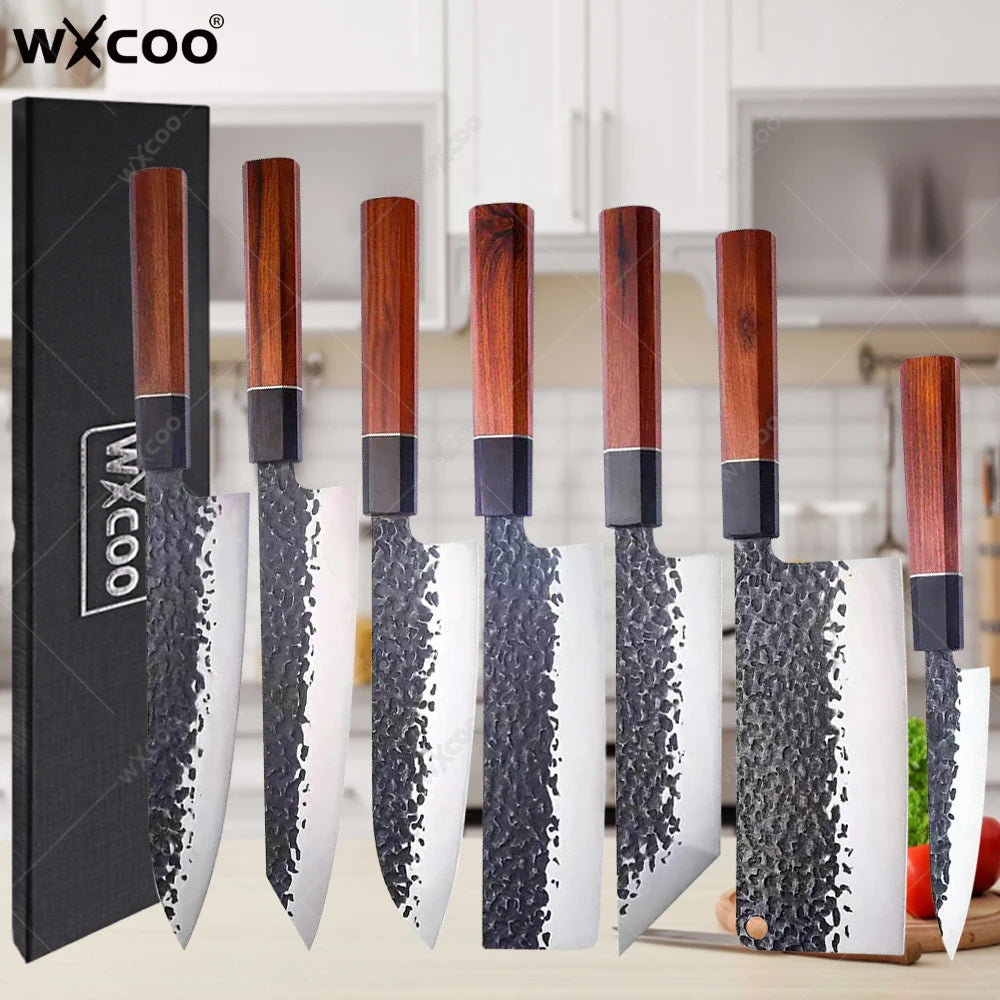 Hand Forged Japanese Santoku Chef Knife with Wood Handle & Gift Box Professional Chef Knife Axl