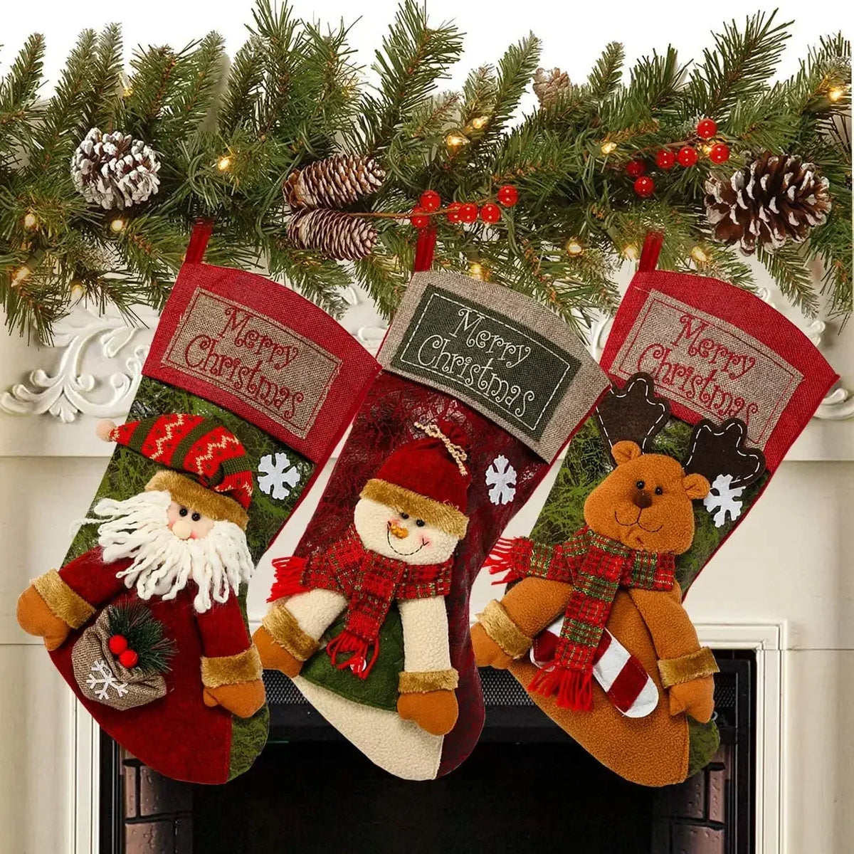 Large Christmas Stockings Set of 3 – Santa, Snowman & Reindeer Christmas Stockings Axl