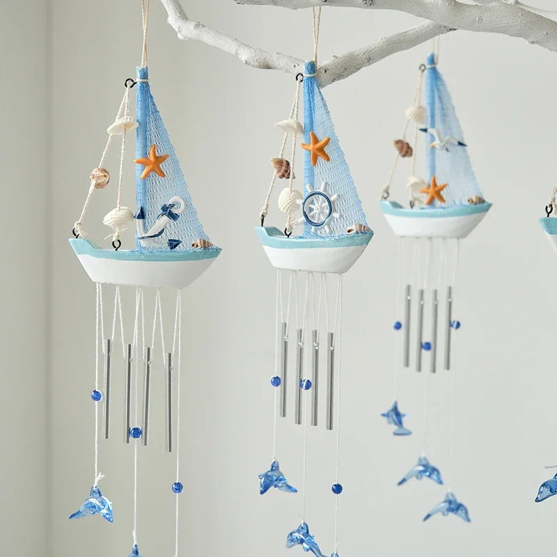 Mediterranean Wooden Sailboat Wind Chime | Nautical Hanging Decor Wind Chime Ornament Axl