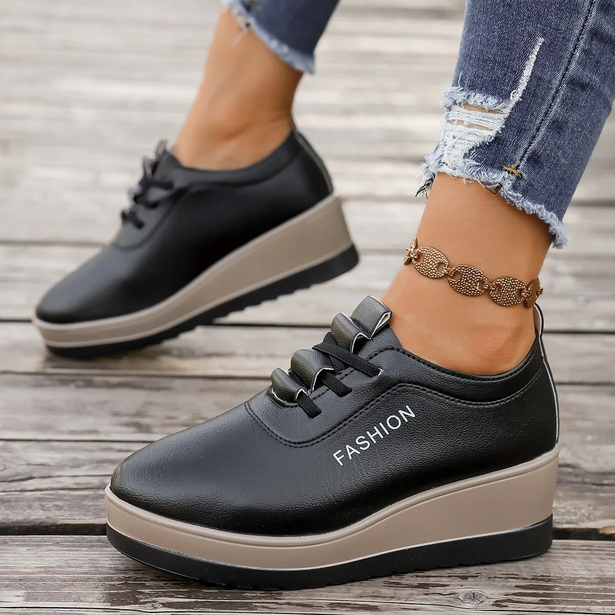 Women's Wedge Platform Sneakers – Height Increasing Lace-Up Wedge Sneakers Axl black 35