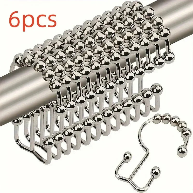 Rustproof Stainless Steel Double Shower Curtain Hooks – 5 Ball Ring Shower Curtain Hooks Axl 6pcs silver