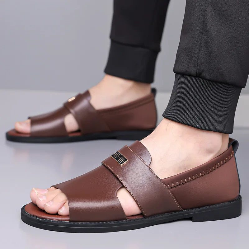 Plus Size Men's Roman Sandals Sizes 38–48 | Leather Slip-On Men's Sandals Axl Brown 38