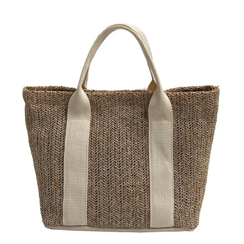 Women's Bamboo Straw Tote Bag – Color Block Zipper Handbag Straw Tote Bag Axl