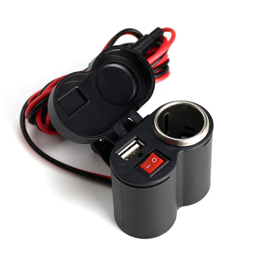 12V Waterproof Motorcycle USB Charger with Switch & Lighter Socket Motorcycle USB Charger Axl black-1pcs