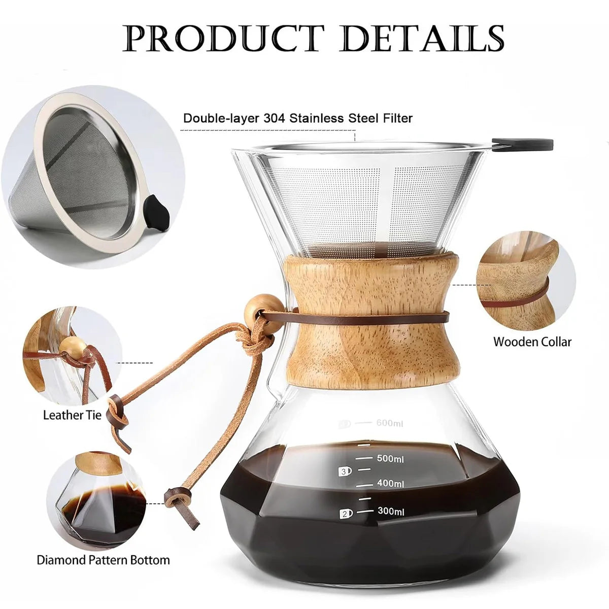 Pour-Over Glass Coffee Maker | Stainless Steel Filter & Wooden Collar Pour-Over Coffee Maker Axl