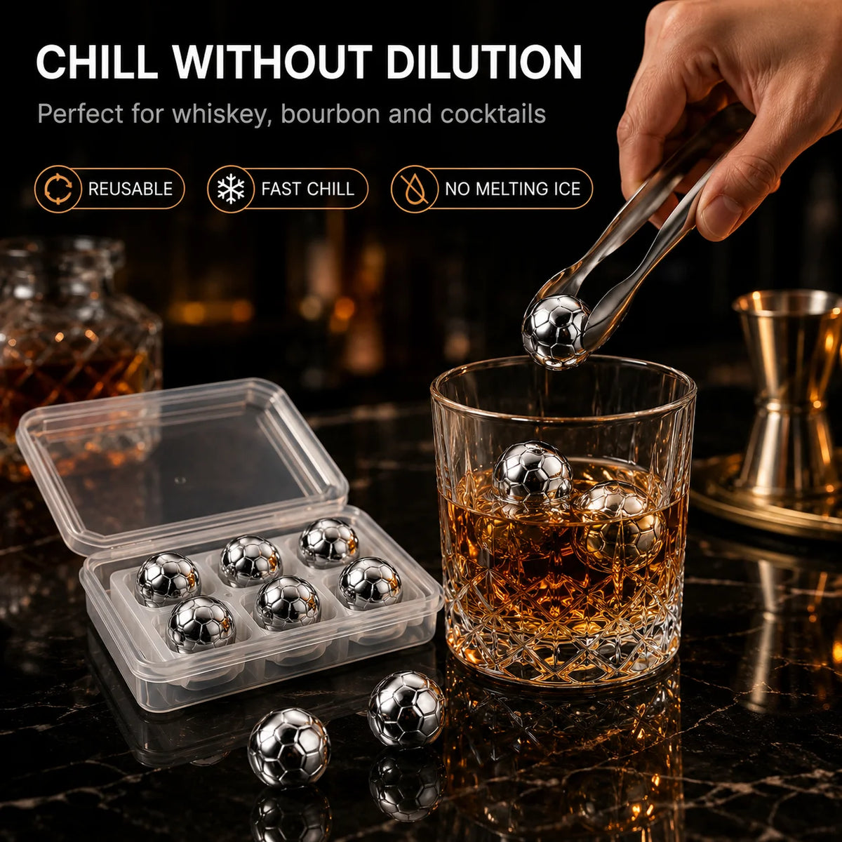 Soccer Ball Whiskey Stones – Steel Chilling Balls with Tongs Whiskey Chilling Stones Axl