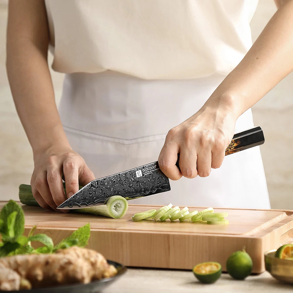 XINZUO 6" Mini Kiritsuke ZDP189 Damascus Knife – Ebony Handle Damascus Kitchen Knife Axl