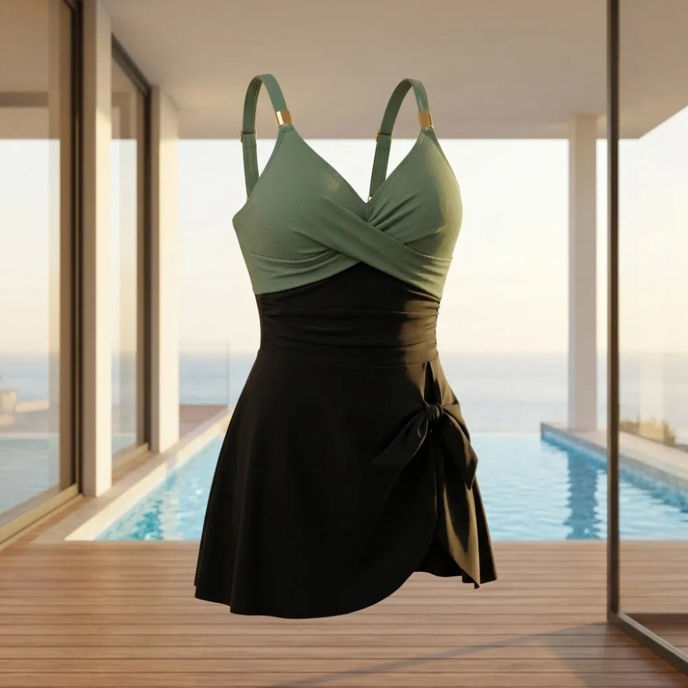 Women's V-Neck Pleated Skirt Swimsuit – Slim Fit Beachwear Women's Swimsuit Axl
