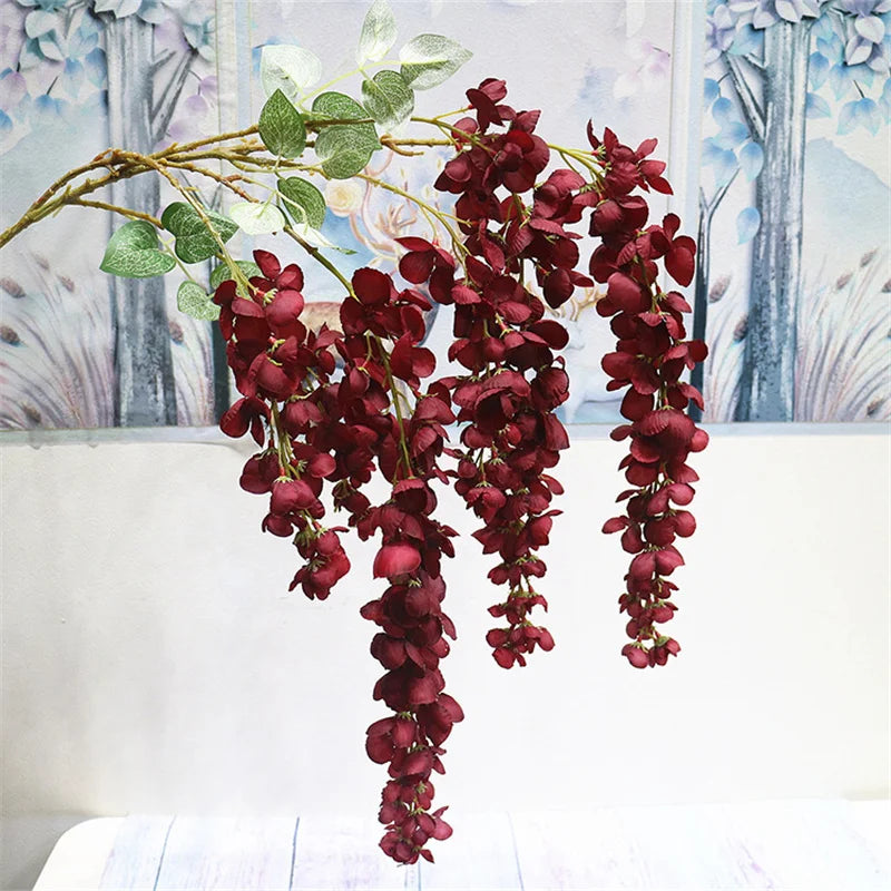 Artificial Wisteria Hanging Flower Strings – 6 Stem Wall Decor Artificial Hanging Flowers Axl Red