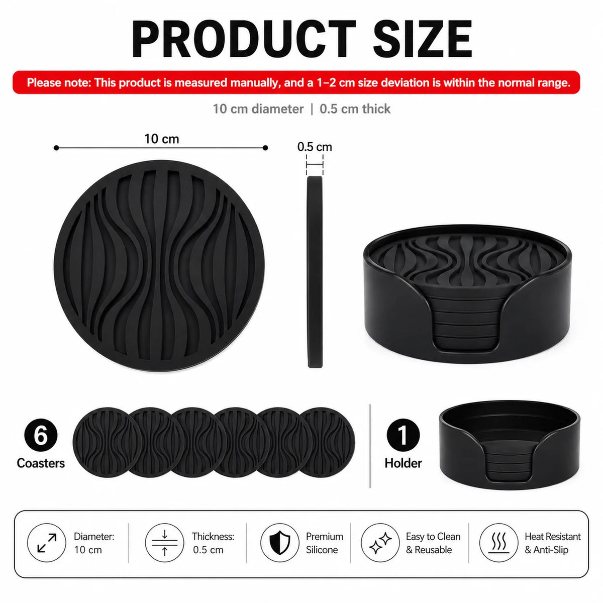 Silicone Coasters Set of 6 with Holder – Heat Resistant Cup Mats Silicone Coaster Set Axl