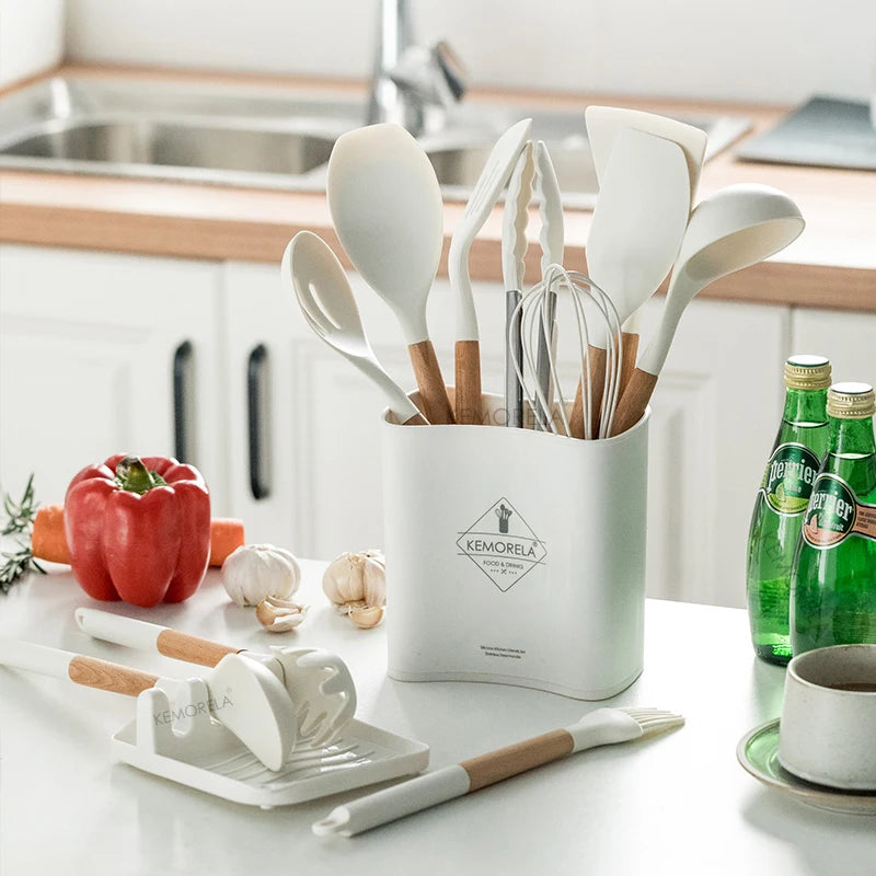 KEMORELA 10/13 PCS Silicone Kitchen Utensil Set Wooden Handle Silicone Utensil Set Axl