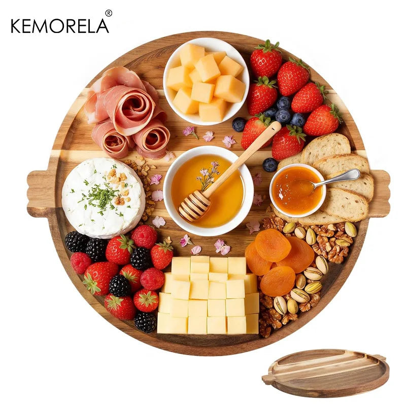 Acacia Wood Charcuterie Board with Handles – Round Serving Tray Charcuterie Serving Board Axl