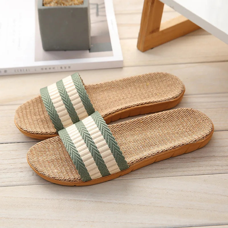 Striped Linen Slippers – Non-Slip EVA Breathable Indoor Sandals Linen Indoor Slippers Axl green 37-38