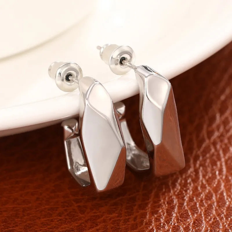Huitan Silver Irregular Hoop Earrings – Geometric Fashion Jewelry Hoop Earrings Axl