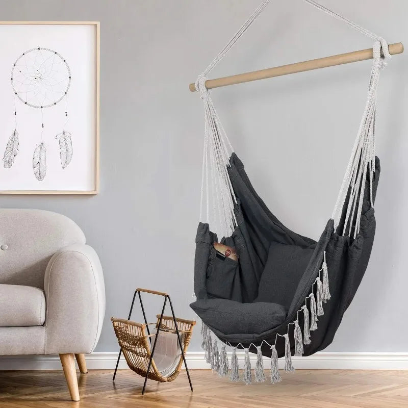 Macrame Hanging Chair with 2 Pillows | 500lb Cotton Rope Swing Hammock Swing Chair Axl