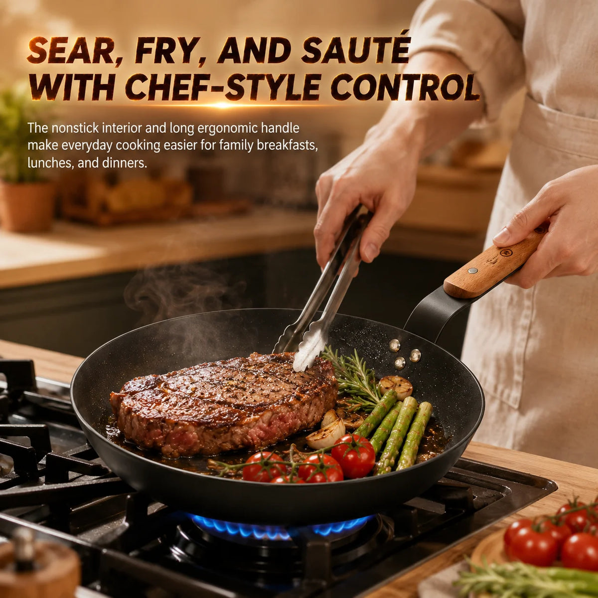 Nonstick Carbon Steel Skillet with Wooden Handle | All Stovetops Nonstick Frying Pan Axl