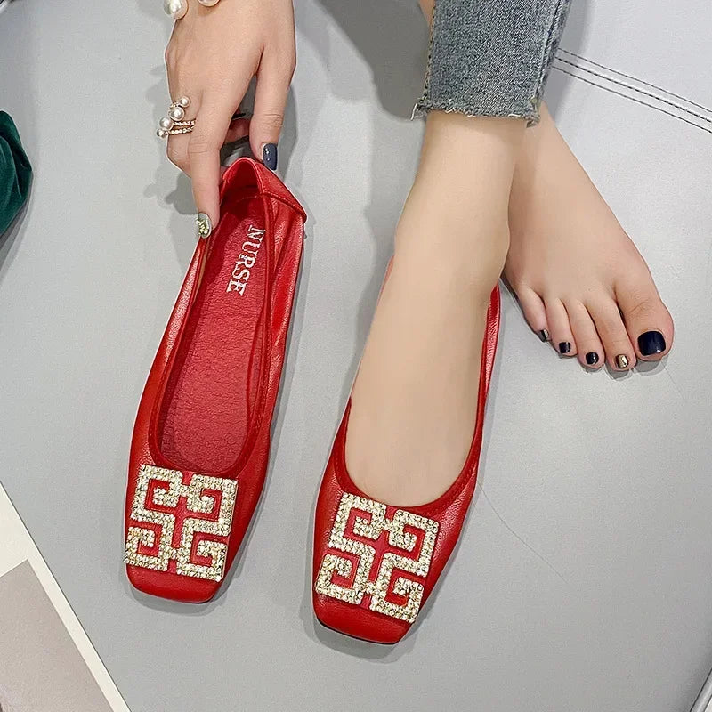 Women's Rhinestone Square Toe Slip-On Ballet Flats – Red Ballet Flat Loafers Axl