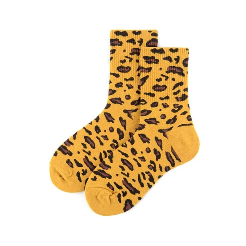 Leopard Print Crew Socks – Unisex Cotton Hip Hop Style Crew Socks Axl yellow